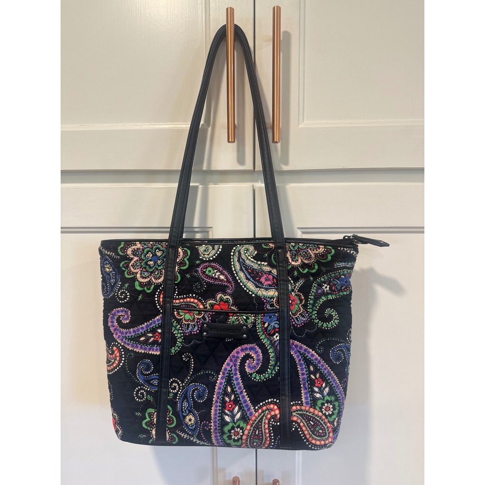 Vera Bradley Kiev Quilted Cotton Paisley Tote Bag Black Multicolor Shoulder Bag